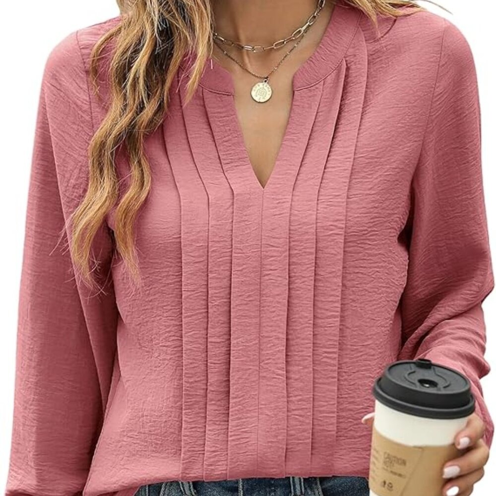 Dusty Pink Long Sleeve V Neck Pleated Shirt Business Casual Size Small
